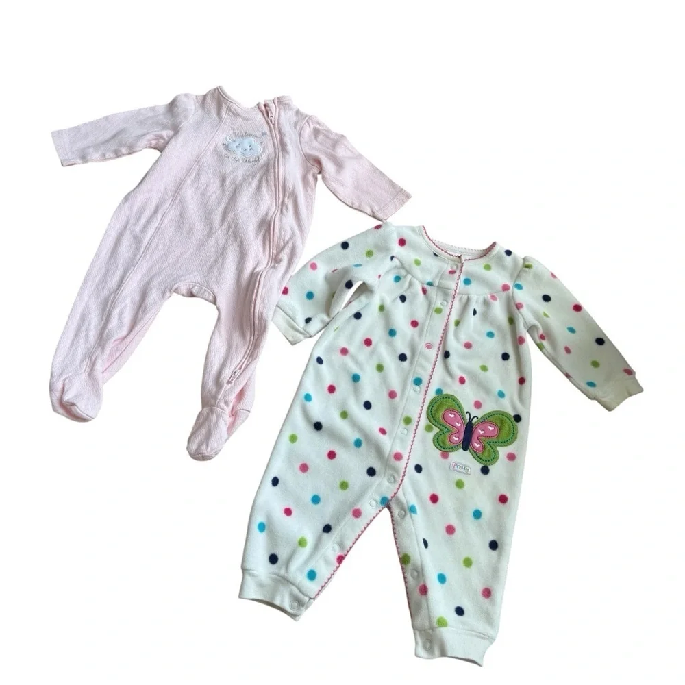Bundle 6M Baby Girl Pajama Sleeper 2PC Set Pink Cotton Fleece Butterfly